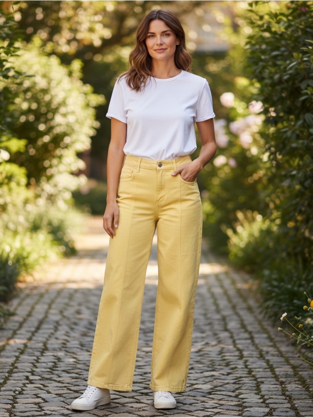 Free People Libre Wide Leg Jeans Pineapple Slices Yellow Size 24 NWT